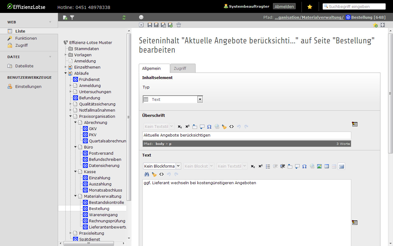 Bearbeitungsansicht der QM-Software Effizienz-Lotse für ein einfaches Strukturieren und Eingeben der Inhalte