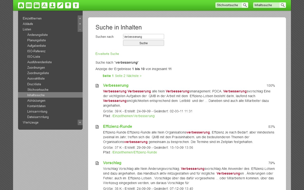 Die Inhaltssuche ist eine der vielen nützlichen Suchfunktionen der QM-Software, die neben Seiten auch eingebundene Dateien durchsucht